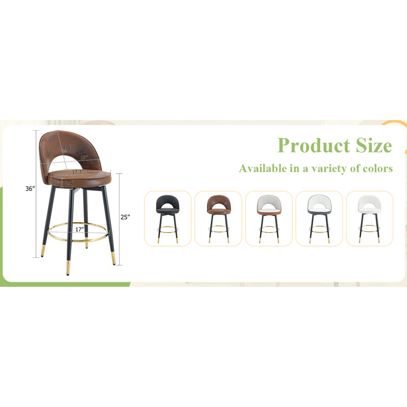 De 2 chaises de bar rotatives à 360 ° en tissu brun avec support en métal noir. Confortable et pour une salle à manger avec une conception réfléchie et une utilisation à long terme
