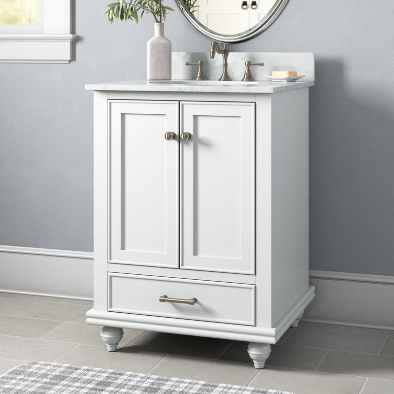 Ensemble de meuble-lavabo simple 24 po Angelissa, Grain blanc, Pierre naturelle blanc de Carrare