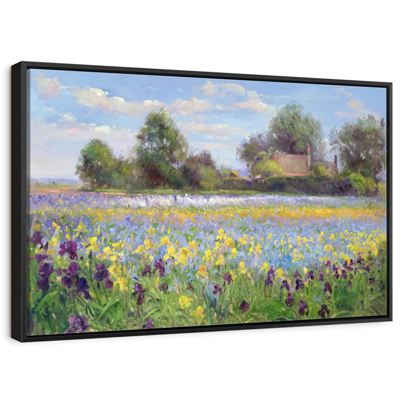 Ferme et champ d'iris, Cadre flottant noir, 43 po x 29 po