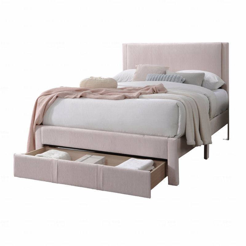 Cadre de lit double 1 pièce de style contemporain avec tiroir de rangement en velours côtelé rose clair