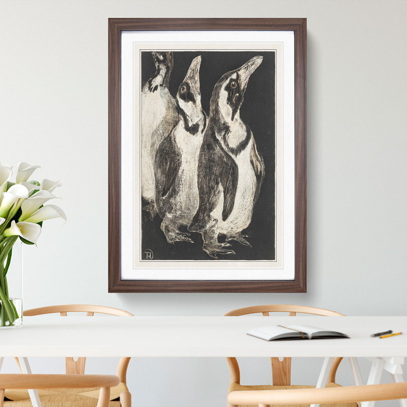Three Penguins by Theo Van Hoytema - Picture Frame Drawing, Walnut, 65cm H x 48cm W x 2cm D