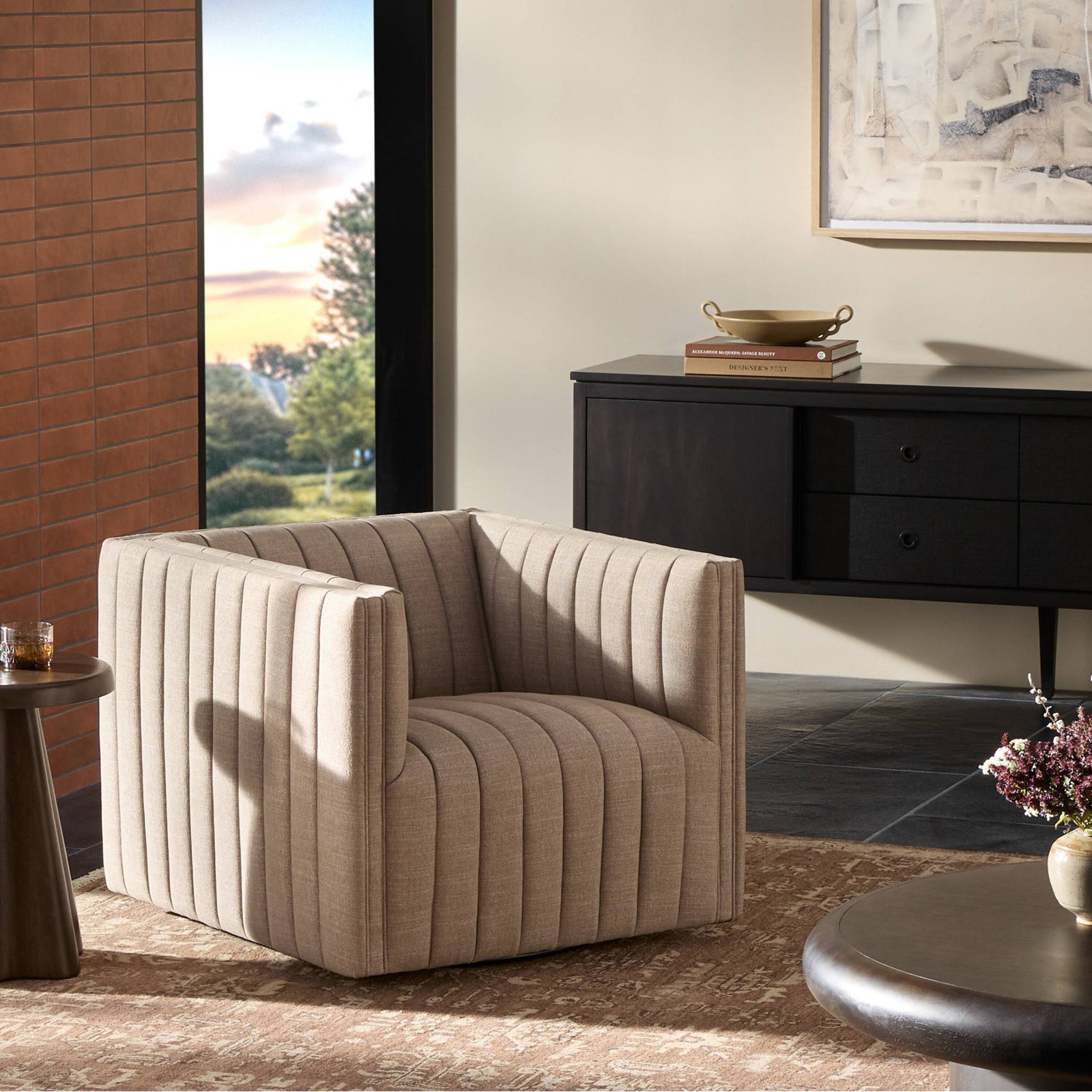 Brandt Swivel Armchair, Crypton Nomad Taupe Polyester Blend