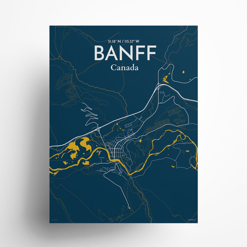 Banff, carte de la ville, impression, H 24 po x l 18 po, Bleu / jaune