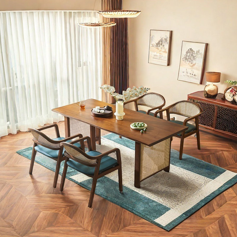 Rattan solid wood dining table set, 29.13"H x 78.74"L x 33.46"W
