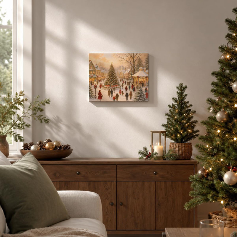 Winter Scene Wall Art Christmas Market Canvas Print Framed Christmas Winter Town Square Art Print Winter Xmas Decor for Living Room, Entryway Office