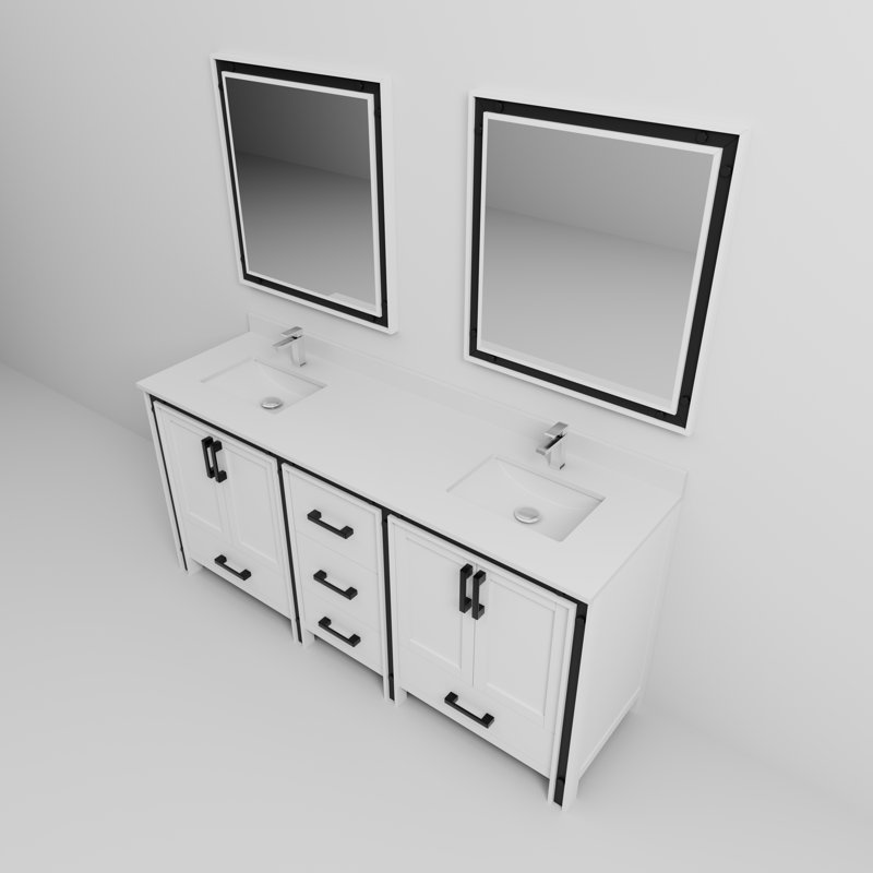Ziva 72 in W x 22 in D Double Bath Vanity, White Top, 30 in Mirrors and Chrome Faucet Set, White, White Quartz