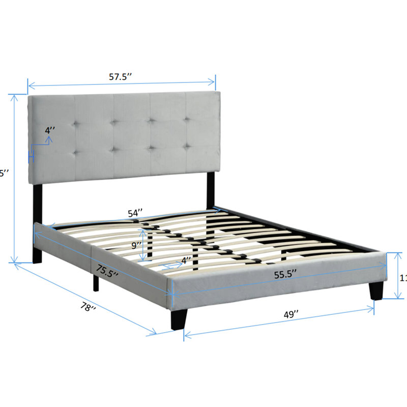 Lit plateforme tapissier pleine grandeur avec tête de lit, lattes en bois zélé, base de matelas, aucun sommier requis, assemblage facile, support vaillant gris, ressort, coloriage