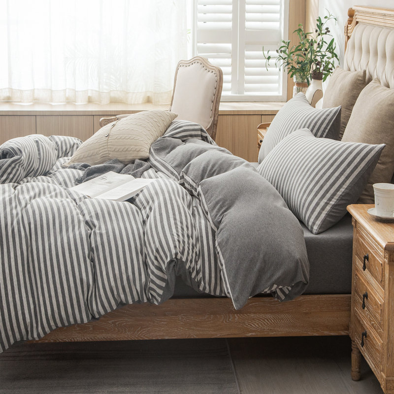 Jersey Cotton Set, King Duvet Cover + 2 King Shams, Green Striped