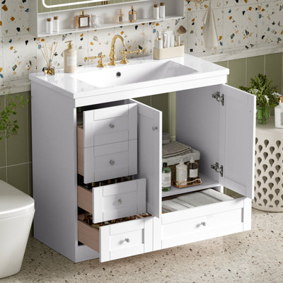 Armoire de salle de bain sur pieds 36 po avec lavabo, 4 tiroirs à fermeture en douceur et 2 portes à fermeture en douceur Shaker