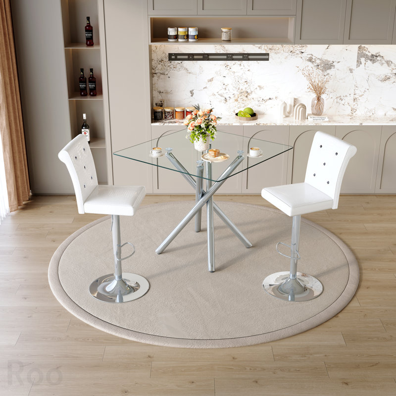 Ensemble de 2 tables de bar et tabourets de bar réglables en verre Modern, Argent, White/Silver