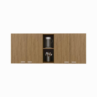 Armoire murale H 24 po, quatre portes, deux tablettes de rangement ouvertes, deux tablettes internes, porte-assiettes et rangement en verre