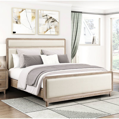 Grand lit à panneau tapissier en chenille beige moderne, finition naturelle, cadre en bois, mobilier de chambre à coucher, tête de lit à sommier tapissier nécessaire, conception, matériau, nécessaire
