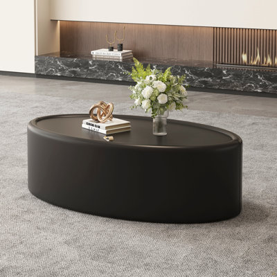 Table basse de rangement ovale cachée 33,46 po - Plateau en verre trempé certifié 3C et cuir noir de qualité supérieure, table basse de rangement moderne pour le salon