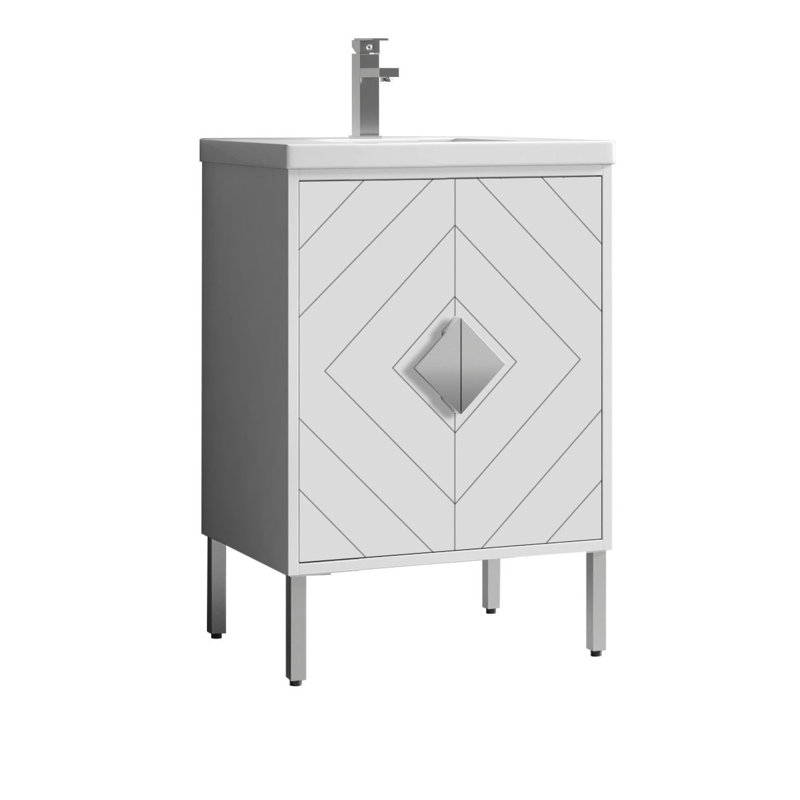 Meuble-lavabo moderne autoportant blanc Eileen de 24 pouces de marque Tennant, lavabo simple, dessus en composite acrylique, entièrement assemblé