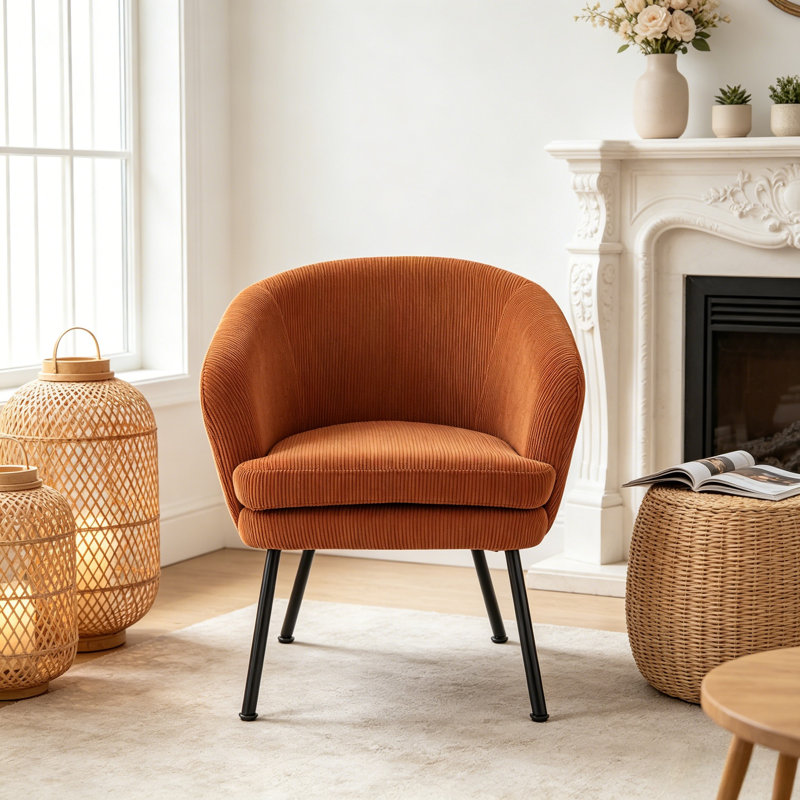 Fauteuil demi-tonneau gris en velours côtelé avec pieds en métal noir, fauteuil d'appoint capitonné Modern Channel avec rembourrage en mousse dense, fauteuil simple confortable pour le bureau de la chambre à coucher du salon
