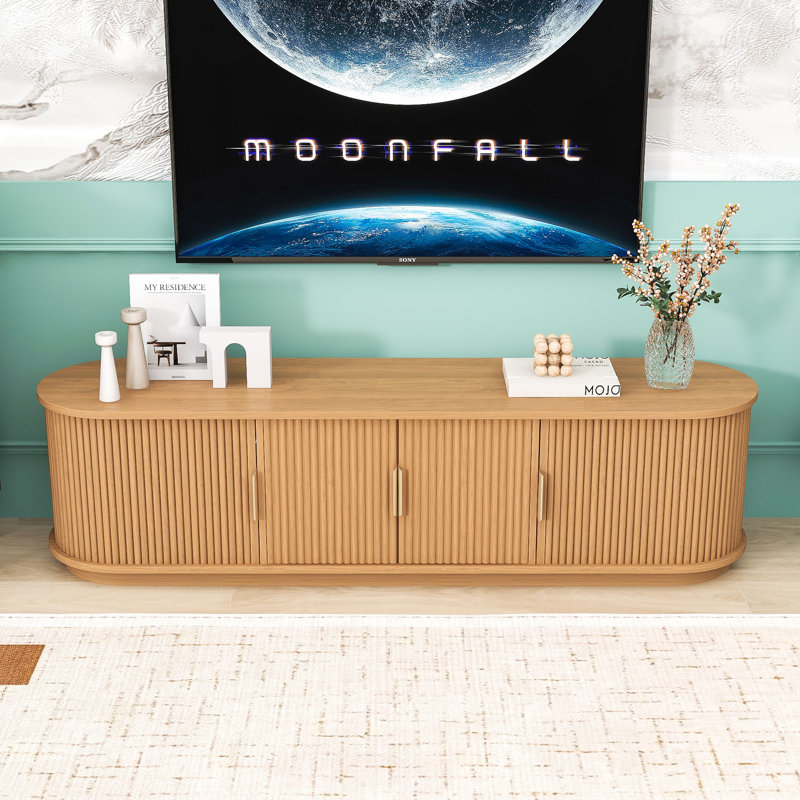 Mid-Century Modern TV Stand for TVs up to 75" with Sliding Fluted Doors and Hidden Storage, Natural