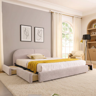 Base de lit rembourrée avec tête de lit haute incurvée, support de pieds robuste et rangement à roulettes, matelas non inclus