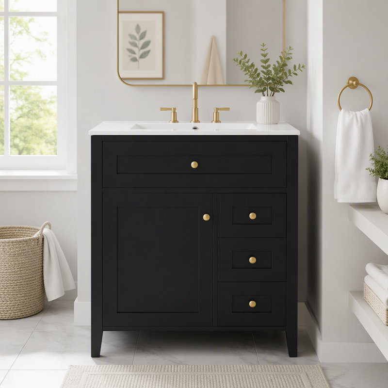 Meuble-lavabo de 30 po avec lavabo et grand rangement, Porte gauche noire, 30