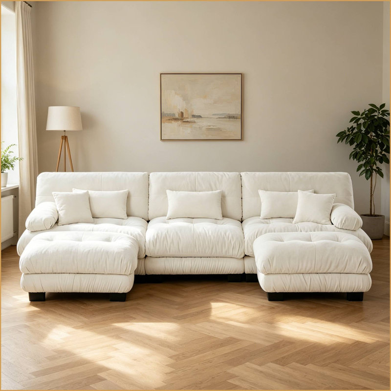 Canapé modulaire en U rembourré avec 2 repose-pieds, Blanc, 35.4" H x 133.8" W x 59.6" D