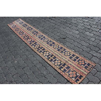 Vintage Turkish Patchwork Wool Runner Rug - Blue Oushak Anatolian Rug for Kitchen