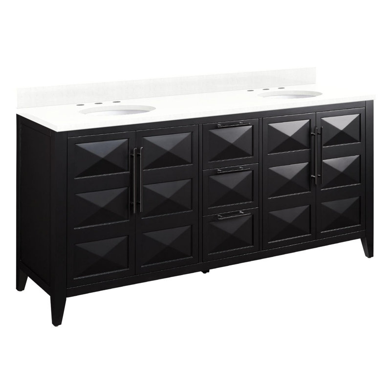 72" Holmesdale Vanity With Undermount Sinks - Widespread, Feathered White Quartz, Bright White, Satin Nickel
