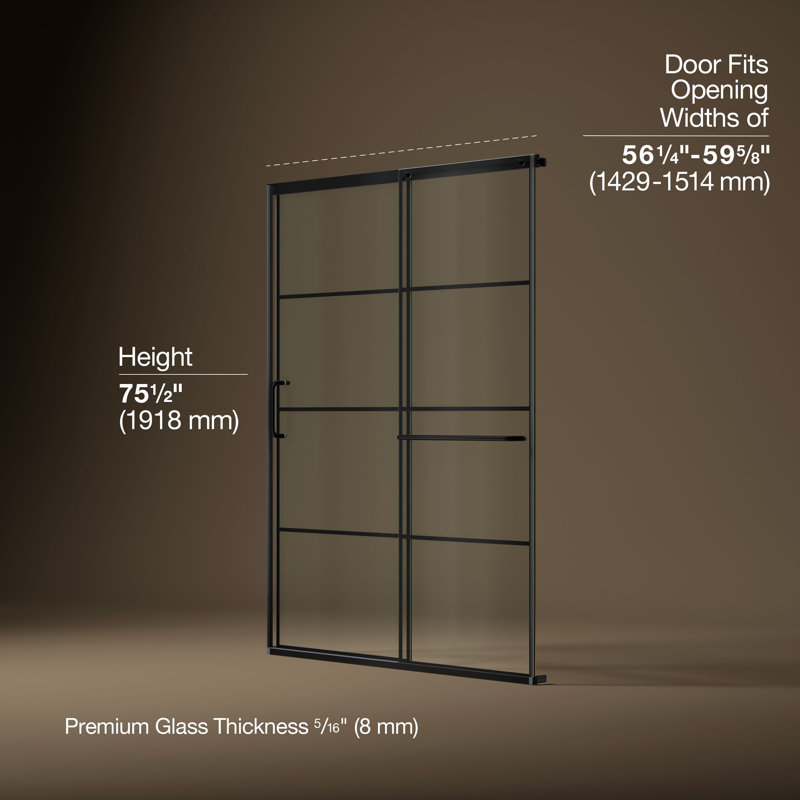 Elate Tall Sliding Shower Door, 75-1/2-In H X 56-1/4 - 59-5/8-In W, With Heavy 5/16-In Thick Crystal Clear Glass With Rectangular Grille Pattern