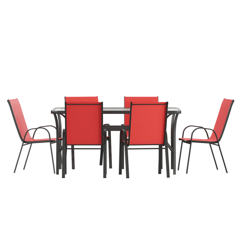 Aundreia 7-Piece Stackable Patio Dining Set with Glass Top Table, Black/Red