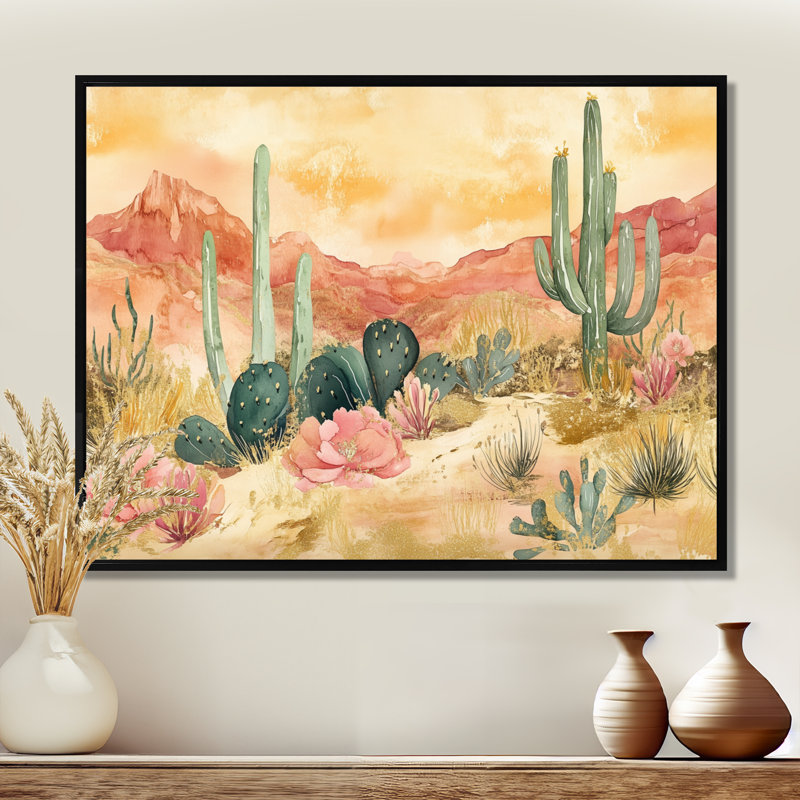 «Desert Bloom Awakening - Southwestern Landscape», art mural encadré, 34" H x 44" W, Cadre flottant noir