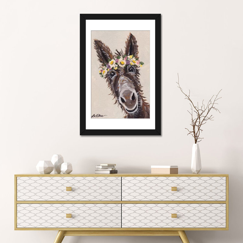 «Donkey with Flower Crown», impression sur toile, H 24 po x l 16 po x P 1 po, Papier d'art encadré noir