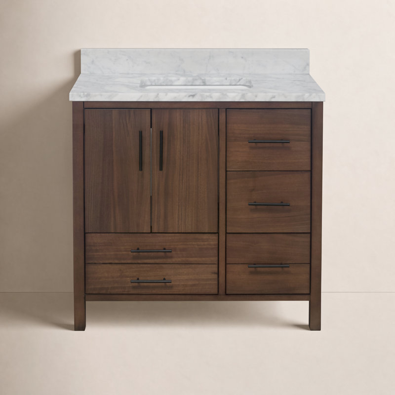 Kiara 36'' Single Bathroom Vanity with Top, Carrara Marble, Walnut