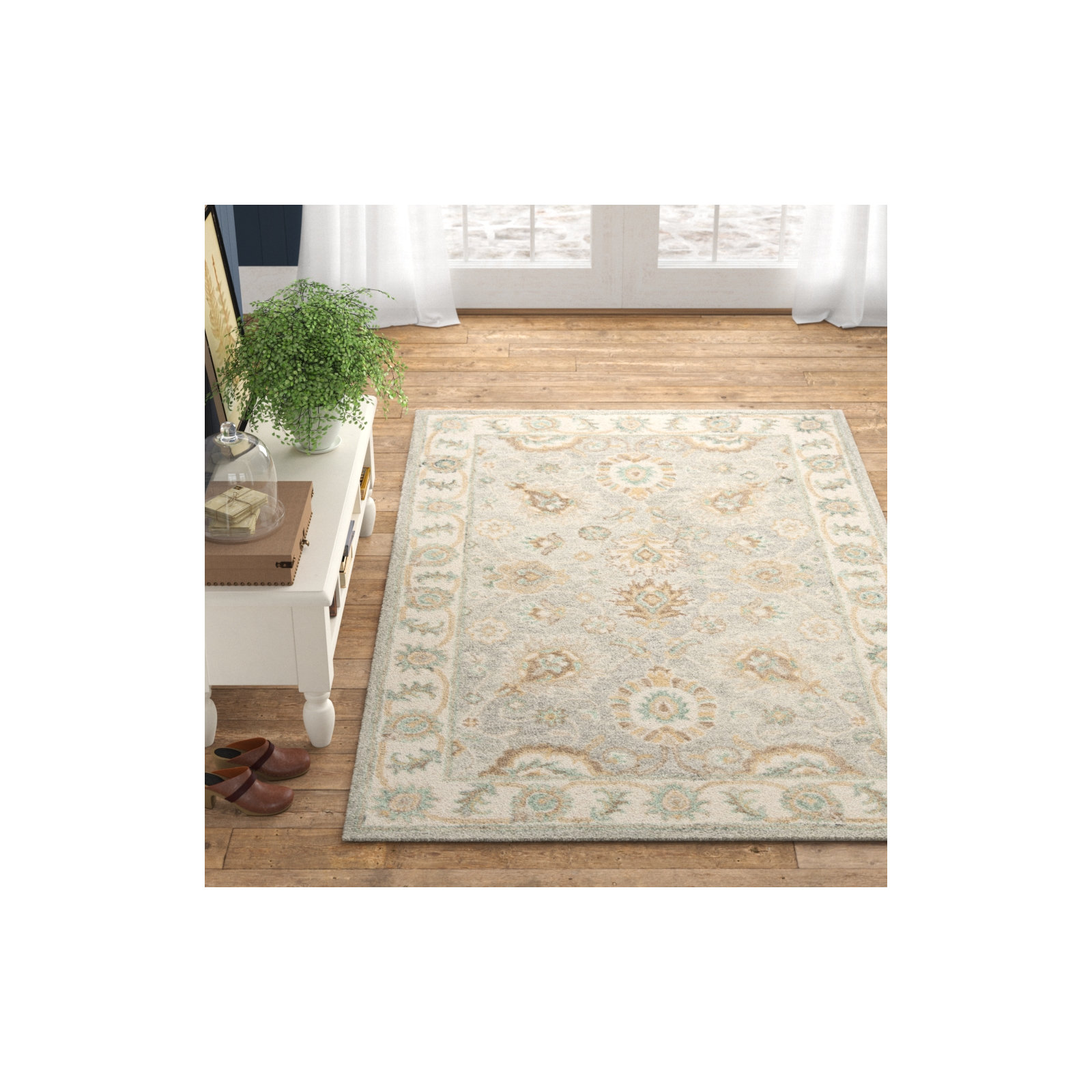 Desmondia Handmade Wool Aqua/Ivory Rug, Rectangle 6' x 9'