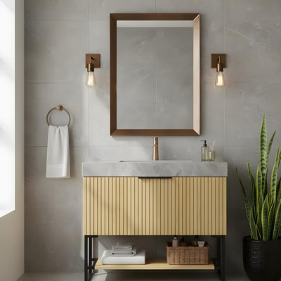 Meuble-lavabo autoportant en contreplaqué avec lavabo et tablettes ouvertes