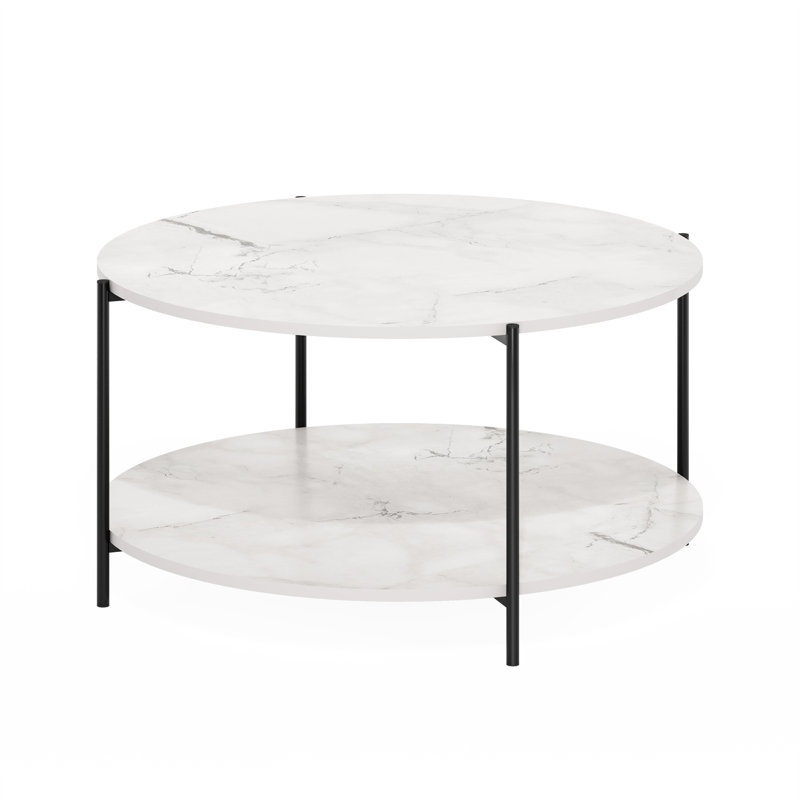 Furinno Besi 2-Tier Modern Round Coffee Table Table with Sturdy Metal Legs, Black, Marble White