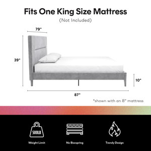 CosmoLiving Westerleigh Velvet Upholstered Bed Frame - Queen Size, Light Gray, Modern Platform Bed