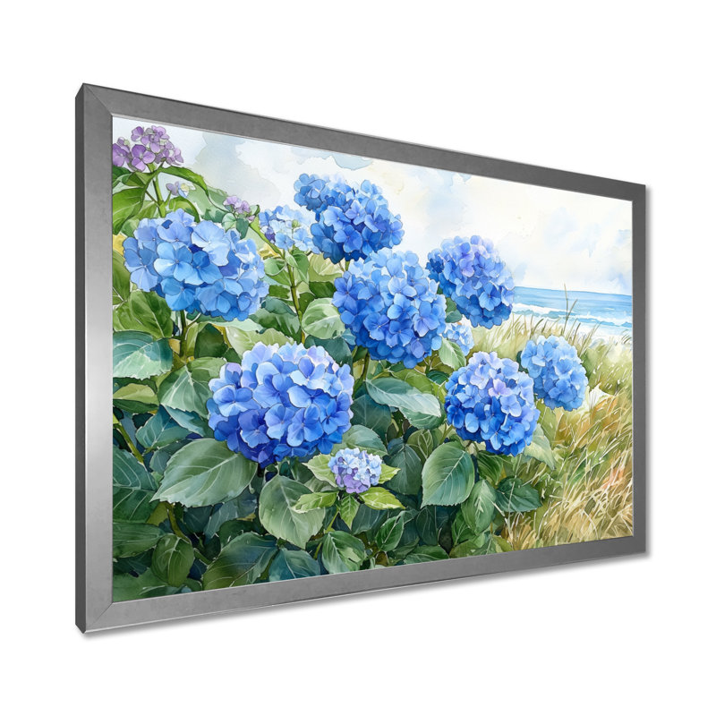 Hydrangeas In The Coastal Garden I - Hydrangea, reproduction sur toile encadrée, H 34 po x l 44 po, Avec cadre, Argent argent