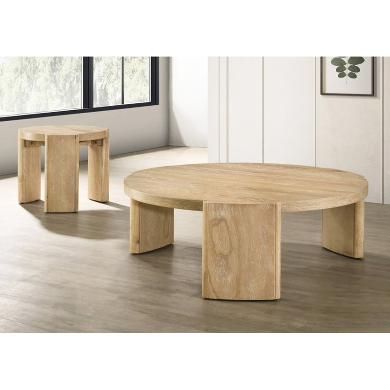 Table ronde 2 pièces pour salon moderne, table basse en bois massif et côté en bois de grève, intérieurs organiques transitionnels convenables, avec plateau arrondi, pieds courbés et épais, fabriquée en bois d'hévéa