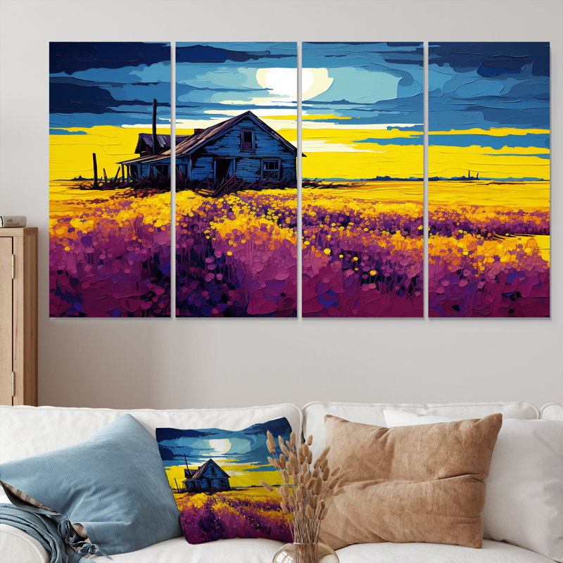 «White Country House Lavender Field Sunset», art mural sur toile 4 pièces, H 28 po x l 48 po