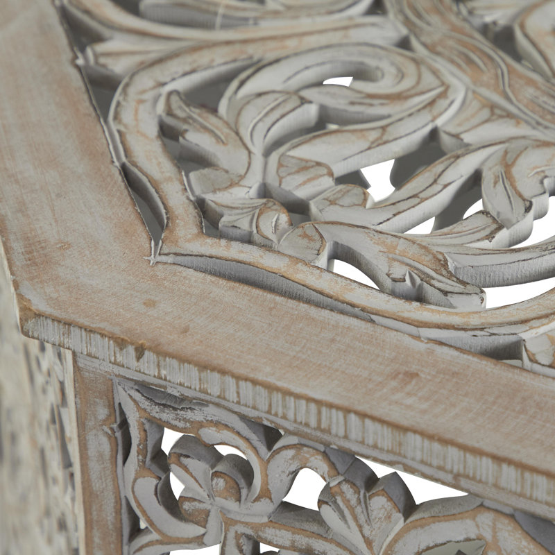 Table basse en bois massif sculpté floral Kenery, Gris