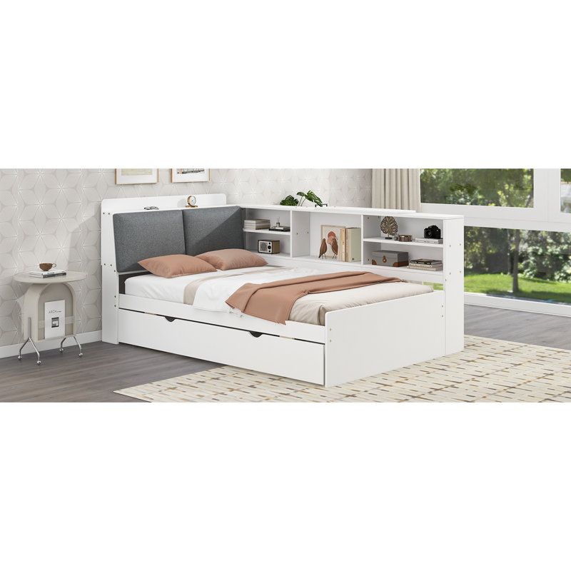 Lit plateforme en bois avec lit gigogne, tablettes et tête de lit avec rangement, Blanc, Lit simple