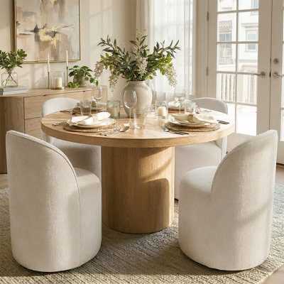 4 - Person Dining Table Sets With Solid Wood Round Table & 4 Upholstered Chenille Chairs