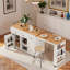 Îlot de cuisine roulant avec table de salle à manger extensible, station de charge, support de rangement ouvert à trois niveaux, 3 tiroirs et 2 armoires de rangement-1442588705