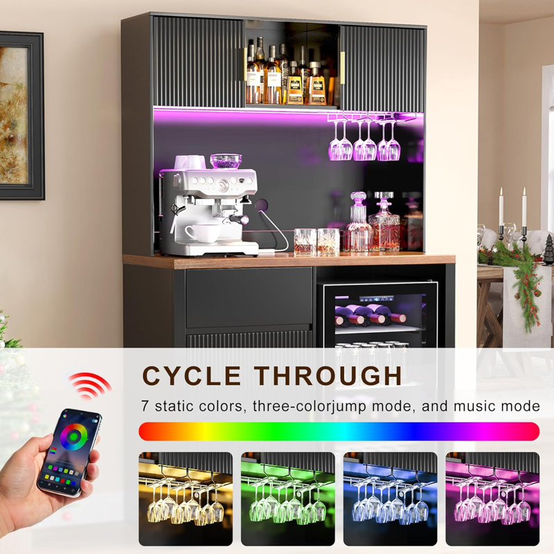  72" Tall Bar Cabinet with Fridge Space, Fluted Coffee Liquor Hutch Cabinet with Storage, Tall Home Bar with LED Light & Power Outlet for Kitchen Dining Room or Living Area