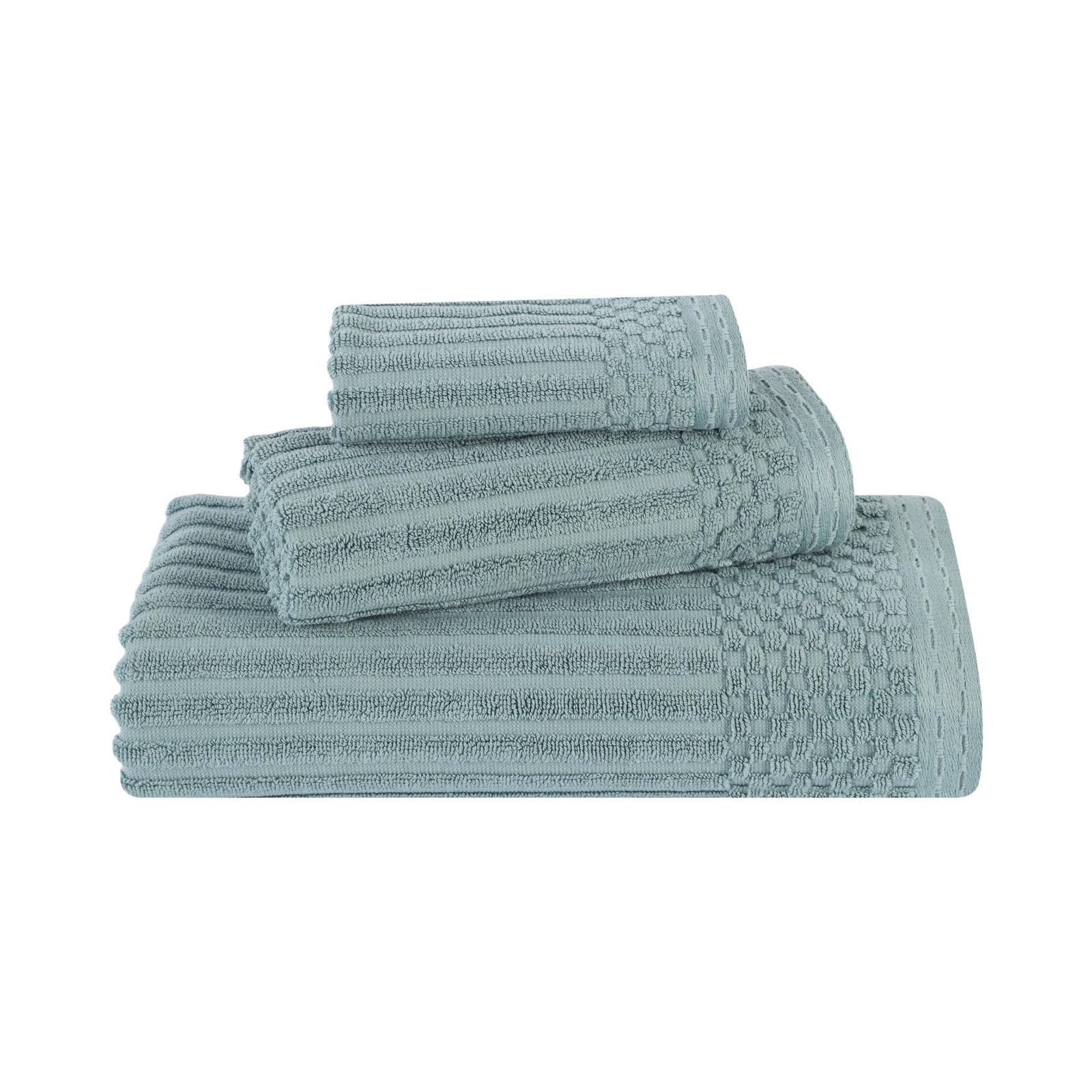 Ruvins Cotton Highly Absorbent 8-Piece Solid and Checkered Border Towel Set, Green, 3 Piece Towel set