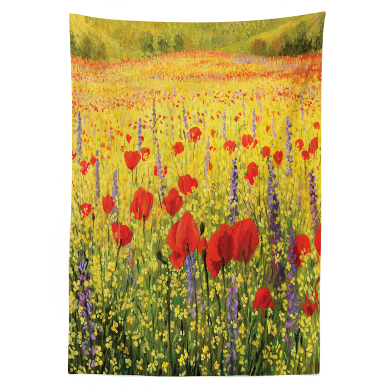 Ambesonne Flower Tablecloth, Colorful Field With Poppies Yellow Flowers Lavendar Farmland Hills Scenery, Rectangular Table Cover For Dining Room Kitchen Decor, 52" X 70", Yellow Red Green