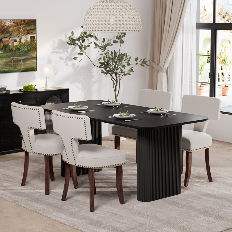 Ensemble de salle à manger rectangulaire en bois avec chaise rembourrée, Noir, 5, Beige