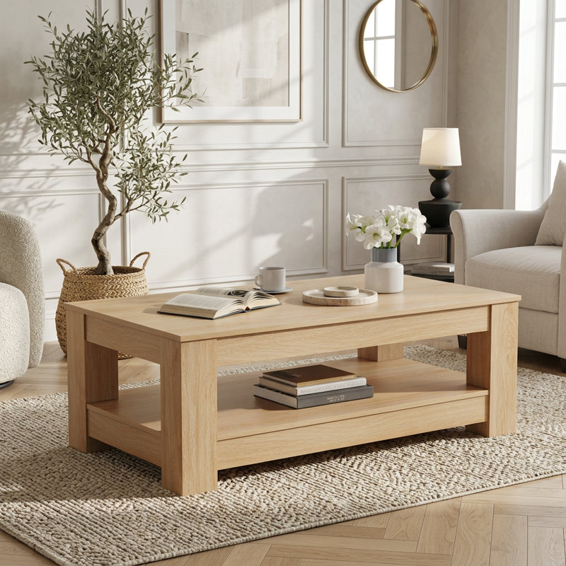 Contemporary Double-Layer Rectangular Coffee Table with Storage Shelf