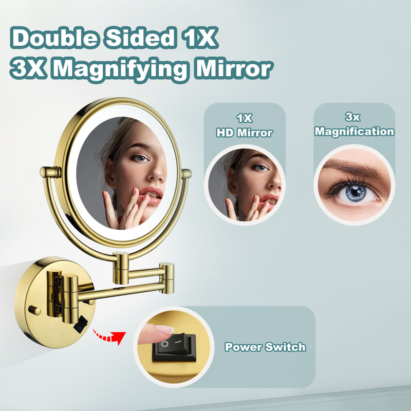8 Inch Double-Sided Led Vanity Mirror 1X/3X Magnification,3 Color Lights, 360° Extension Rotation Foldable,Hardwired