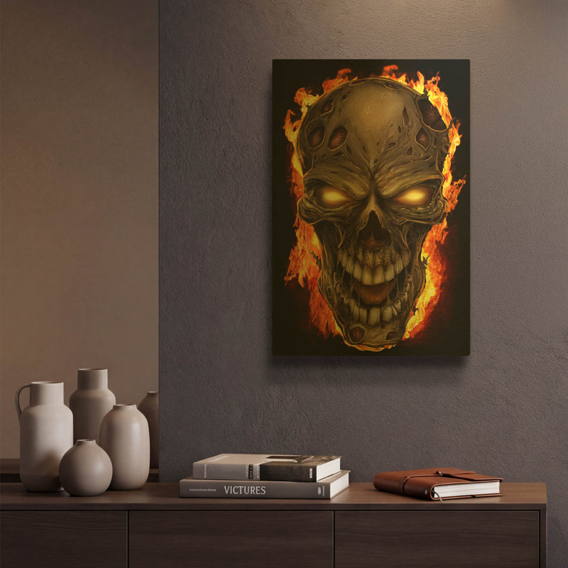 « Crâne de feu zombie » de Flyland Designs, décoration murale en métal doré, 30,5 x 40,5 cm, 12 po x 16 po