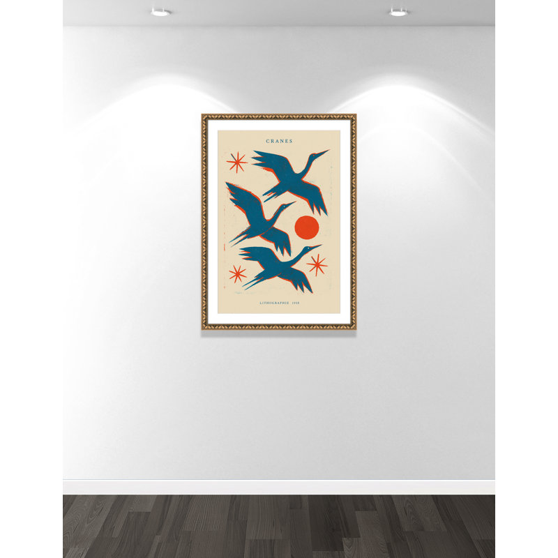 «Cranes» par Treechild, L 30,5 po x H 42,5 po, Matted Print, Gold Leaf Beads