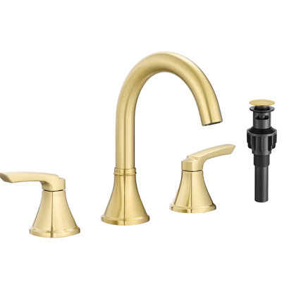 8 Inch Widespread 3 Hole Brushed Gold Basin Mixer Tap Faucet With Double Lever Handles, 360 Rotatable Spout, Aerated Water, And Stable Valve Core Bathroom Vanity Pop - Up Drain, Rotating High Arc